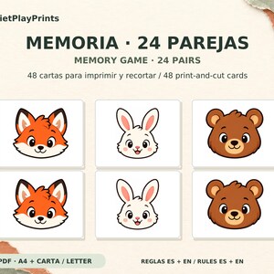 Puede incluir: Un juego de memoria imprimible titulado QuietPlayPrints MEMORIA 24 PAREJAS MEMORY GAME 24 PAIRS 48 cartas para imprimir y recortar 48 print-and-cut cards. Incluye seis tarjetas con ilustraciones de un zorro, un conejo y un oso pardo.