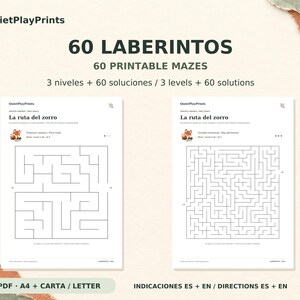 Könnte beinhalten: Eine digitale Sammlung mit dem Titel 60 LABERINTOS 60 PRINTABLE MAZES mit 3 Levels und 60 Lösungen. Zwei Beispielseiten zeigen den Titel La ruta del zorro, ein Fuchssymbol und schwarze Labyrinthe. Verfügbar als PDF in A4 und Letter.