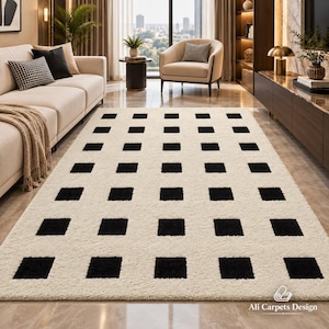 Hand Tufted Black & Ivory Wool Rug, Modern Geometric Area Rug, Plush Cream Carpet, Luxury Living Room Bedroom Dining Room Decor
