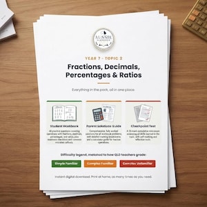 Op de afbeelding: Een wit educatief document getiteld Year 7 Topic 2 Fractions, Decimals, Percentages & Ratios. Het bevat een werkboek, een oplossingsgids voor ouders en een toets. De pagina bevat een moeilijkheidsgraadlegenda met groene, oranje en rode vakken.