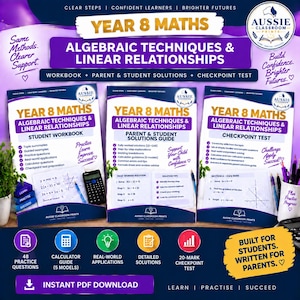 May include: Three Year 8 Maths educational booklets titled Algebraic Techniques & Linear Relationships, including a student workbook, parent and student solutions guide, and a checkpoint test, featuring purple and white branding with text.