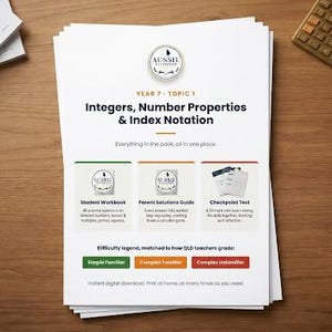 Könnte beinhalten: Ein weißes Bildungsdokument mit dem Titel Year 7 Topic 1 Integers, Number Properties & Index Notation. Es enthält Abschnitte für ein Arbeitsbuch, einen Lösungsschlüssel für Eltern und einen Test, sowie eine Legende für den Schwierigkeitsgrad.