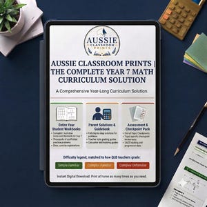 Könnte beinhalten: Ein Tablet-Bildschirm mit der Aussie Classroom Prints Jahrgang 7 Mathe-Lehrplanlösung. Der Text beschreibt Schülerarbeitshefte, Lösungen für Eltern und Bewertungspakete sowie eine Legende für den Schwierigkeitsgrad der Aufgaben.