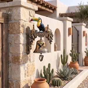 May include: A wall-mounted bronze-toned metal bell featuring a colourful toucan perched on top. The bell displays the text GUINNESS EST 1759 and ST. JAMES'S GATE DUBLIN, with a small harp-shaped clapper hanging below the bell structure.