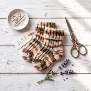 May include: A pair of chunky knit baby socks featuring a striped pattern in cream, rust orange, and forest green. A tag attached to the socks reads Knit-Look Baby Socks. Nearby are copper stitch markers, two needles, vintage scissors, and lavender.