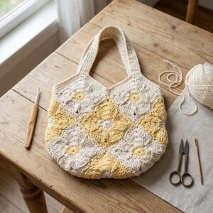 May include: A crochet tote bag constructed from square motifs featuring a floral pattern in cream and yellow yarn. The bag has two integrated handles and is accompanied by a wooden crochet hook, a pair of metal scissors, and a ball of yarn.