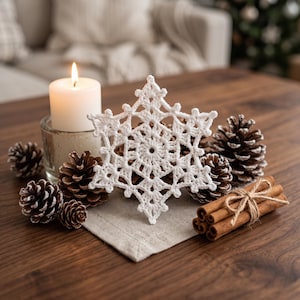 May include: A white crocheted snowflake ornament with intricate geometric patterns, displayed alongside a lit white pillar candle in a glass holder, several brown pinecones, and a small bundle of cinnamon sticks tied with thin twine.