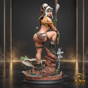 May include: A detailed figurine of a warrior character with long brown and white hair, wearing a yellow top and green accents. The figure stands on a rocky base with a skull, holding a tall wooden spear with a fish attached, featuring the text AMORA3D.