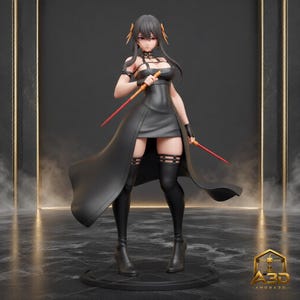 May include: A figurine of a character with long black hair, wearing a black dress with thin straps, a choker, and black thigh-high boots. The character holds two thin, orange and red pointed weapons. A gold logo with the text A3D AMORA3D is visible.