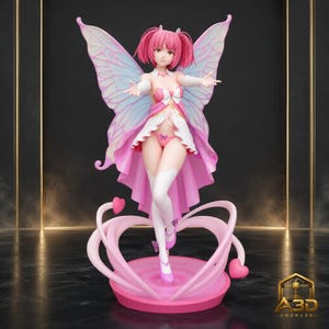 May include: A figurine of a character with pink hair and large, translucent butterfly wings. The figure wears a white and pink outfit with a heart motif, white arm warmers, and pink shoes, standing on a circular base with pink heart accents.