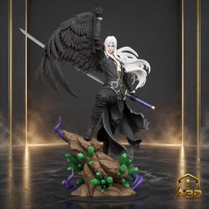 May include: A detailed figurine of a long-haired white-haired character in a black coat with a large black wing, holding a long silver sword. The character stands on a rocky base adorned with green crystals and purple accents, featuring the A3D logo.