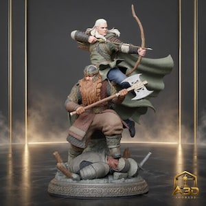 May include: A detailed figurine featuring a long-haired elf archer aiming a bow and arrow while standing behind a bearded dwarf warrior holding a double-headed battle axe. Both figures are positioned on a circular base atop a fallen armored soldier.
