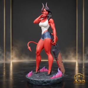 Op de afbeelding: Een rood-huidige demonfiguur met donker haar en hoorns, gekleed in een wit hemdje en blauwe spijkerbroekshorts. Het figuur houdt een groot zwaard vast en staat op een ronde stenen voet die is versierd met roze en paarse vlammen.