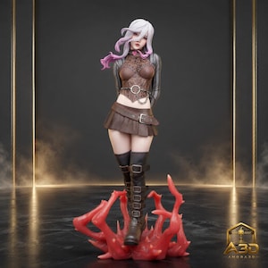 Könnte beinhalten: Eine Sammlerfigur eines Charakters mit langem weißem Haar und rosa Spitzen, bekleidet mit einem braunen Korsett-Oberteil mit silberner Kette, einem braunen Faltenrock und hohen braunen Schnallenstiefeln auf einem roten, korallenartigen Sockel.