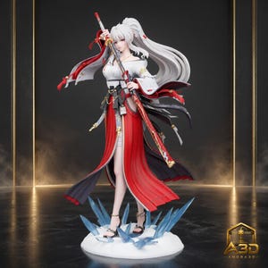 May include: A detailed anime-style figurine of a character with long white hair, wearing a white off-shoulder top and a long red and black skirt. The character holds a katana with a red scabbard and stands on a base featuring blue ice shards.