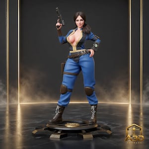 May include: A detailed figurine of a character wearing a blue jumpsuit with yellow accents, brown knee pads, and dark boots. The character holds a black pistol in one hand and wears a wrist-mounted device on the other arm, standing on a circular base.