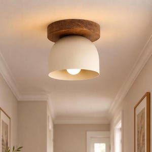 May include: A flush mount ceiling light fixture featuring a circular dark brown wood base attached to the ceiling, supporting a smooth, matte off-white dome-shaped metal shade that directs light downward from a single central light bulb.