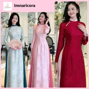Traditional Vietnamese Ao Dai Dress, Brocade Long Sleeve, Covered Buttons, Elegant Teacher Outfit, Formal Cultural Wear, áo dài lụa