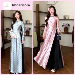 Traditional Vietnamese Ao Dai, Round Neck Polka Dot Silk Long Sleeve Dress, Teacher Outfit, Event Wear, Formal Attire, áo dài lụa cổ tròn