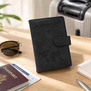 May include: A black passport holder featuring an embossed world map, the word PASSPORT, and a small airplane icon. The cover includes a side strap with a snap closure. The design is simple, functional, and made for travel document organization.