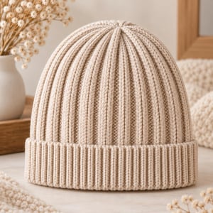 Op de afbeelding: Een beige gebreide muts met een verticale ribbelstructuur over de gehele kroon en een brede, omgeslagen boord aan de onderkant. De muts is gemaakt van effen gekleurd garen met een consistent steekpatroon, wat zorgt voor een ronde vorm.