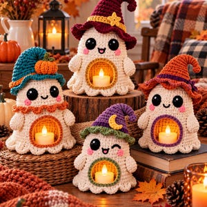 Op de afbeelding: Vier gehaakte spookfiguren, elk met een kleurrijke hoed en een holle opening in het midden met een klein LED-theelichtje. De spoken hebben zwarte ogen, roze wangen en zijn versierd met kleine accenten zoals pompoenen, sterren en manen.