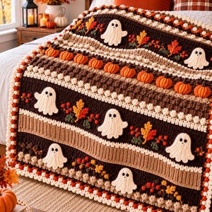 May include: A crochet blanket featuring a repeating pattern of cream-colored ghosts, orange pumpkins, and autumn leaves in shades of red, orange, and brown. The design includes textured brown and cream stripes with a decorative border of small spheres.