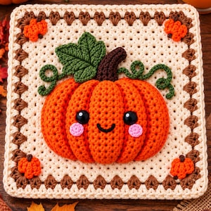 May include: A square crochet granny square featuring a central orange pumpkin with a smiling face, black eyes, and pink cheeks. The pumpkin has a green leaf and brown stem. The border is cream with brown accents and small orange pumpkins in corners.