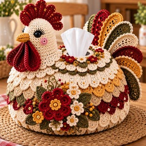 May include: A crochet tissue box cover shaped like a rooster with a cream-coloured body, a red comb and wattle, and a multi-coloured tail featuring green, yellow, and red feathers. The body is decorated with layered crochet flowers in red, yellow, and white.