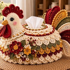 Peut inclure: Une housse de boîte à mouchoirs en crochet en forme de poule avec un corps crème, une crête et des barbillons rouges, et une queue multicolore composée de plumes rouges, jaunes et vertes. Le côté est orné de fleurs en crochet rouges, jaunes et crème.