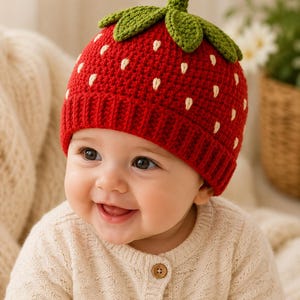 Strawberry Baby Hat Crochet Pattern, Fruit Beanie, Photo Prop (PDF)