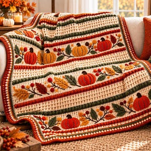 May include: A cream-colored crochet blanket featuring horizontal stripes of textured bobble stitches in dark green and red. The design includes repeating rows of orange and red pumpkins, brown branches, and autumn-colored leaves in yellow and green.