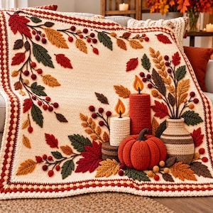 May include: A cream-colored crochet blanket featuring an intricate autumn-themed design with textured red, orange, and dark green leaves, berries, a central orange pumpkin, two crocheted candles with flames, and a striped vase with foliage.
