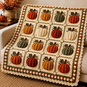 Crochet Pumpkin Granny Square Afghan Pattern, Textured Fall Throw (PDF Download)