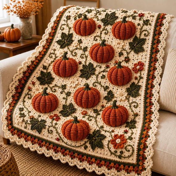 Crochet Pumpkin Afghan Pattern, Fall Harvest Motifs, Autumn Blanket Design (PDF)