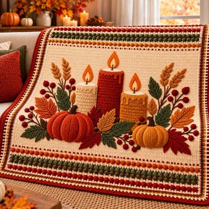 May include: A cream-colored crochet blanket featuring a central design of three lit candles, two pumpkins, wheat stalks, and autumn leaves in shades of red, orange, and green. The border consists of rows of textured bobble stitches in autumn colors.