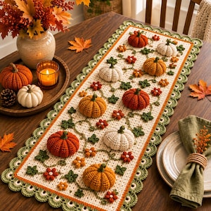 May include: A rectangular crochet table runner featuring a cream-coloured base with an intricate scalloped green border. The runner is decorated with three-dimensional crocheted pumpkins in orange, white, and brown, interspersed with small flowers and green leaves.