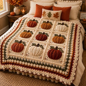 Peut inclure: Une couverture en crochet couleur crème présentant une grille de neuf citrouilles en relief dans des tons orange, marron et blanc. La couverture possède une bordure décorative avec de petits motifs en forme de fleurs en fil crème, vert et marron.