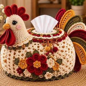 May include: A crochet tissue box cover shaped like a rooster with a cream-coloured body, a red comb and wattle, and a multi-coloured tail featuring red, yellow, and green feathers. The body is decorated with crocheted flowers in red, yellow, and white.