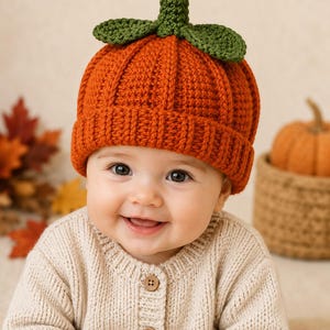 May include: A crocheted pumpkin hat in a vibrant orange color with a ribbed texture, featuring a green stem and two green leaves on top. The hat has a folded brim and is constructed from yarn, designed to resemble a round pumpkin shape.