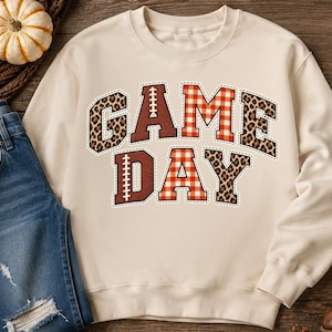 Game Day PNG, Amerikaans voetbalontwerp met luipaard- en ruitpatronen, retro varsity sublimatie, 300 DPI digitale download