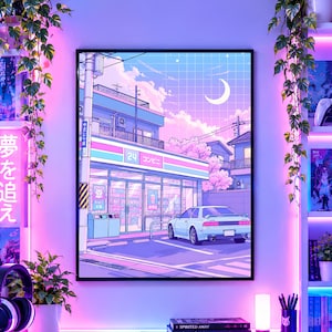 May include: A framed wall art print featuring an anime-style illustration of a convenience store at night. The scene includes a light blue car parked in front, a crescent moon in a purple sky, and the text 24 and Konbini in Japanese characters.