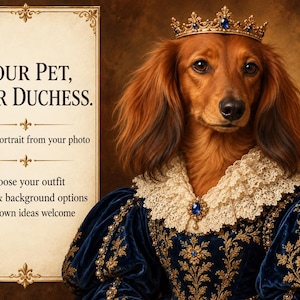 Custom Duchess Pet Portrait from Photo, Royal Dog or Cat Print, Choose Dress, Crown & Background, Personalized Framed Poster or Canvas