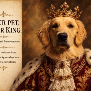 Può includere: Un golden retriever indossa una corona dorata con gioielli rossi, una veste di velluto rosso con bordo in pelliccia di ermellino bianca e una catena dorata con pietre rosse. Testo: YOUR PET, YOUR KING. Custom portrait from your photo, 3 outfits to choose from, Crown & background options, Your own ideas welcome.