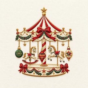 Diseño de bordado de carrusel navideño, archivo de bordado a máquina de adorno festivo de caballito mecedor, descarga digital navideña
