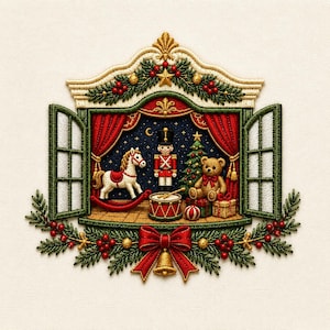 May include: An embroidered wall hanging depicting a window scene with a nutcracker, a rocking horse, a teddy bear, a drum, and a Christmas tree. The frame is decorated with green pine branches, red berries, gold ornaments, and a large red bow with a bell.