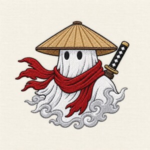 May include: An embroidered patch featuring a white ghost character wearing a tan conical hat and a flowing red scarf. The ghost is depicted with two black circular eyes and carries a black and gold katana sword strapped to its back.