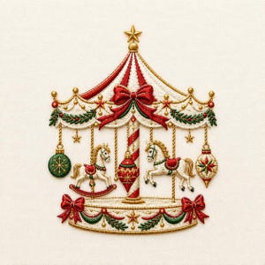 May include: An intricate embroidery design of a Christmas carousel featuring two white rocking horses, a central red and white striped pole, hanging ornaments, green pine garlands, and red bows, all topped with a golden star on a cream fabric.