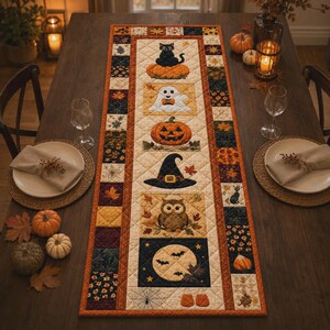 Halloween Quilted Table Runner, Fall Autumn Patchwork Decor, Pumpkin Witch Owl Print