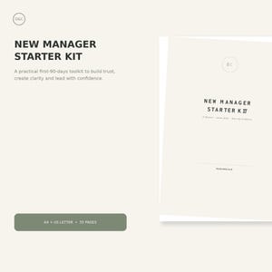 Puede incluir: Un documento New Manager Starter Kit con fondo crema y texto gris oscuro. La portada presenta el título, un logotipo D&C y el texto: Build trust, create clarity, lead with confidence. Un botón verde indica A4 + US Letter, 55 pages.